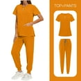 thumbnail image 1 of Stamozd Women's Solid Color Protective Work Clothes Loose Side Slit Pocket Protective Work Clothesshort Sleeved V-Neck Button Up Top Drawstring Tied Foot Pants Set Orange D XL, 1 of 9