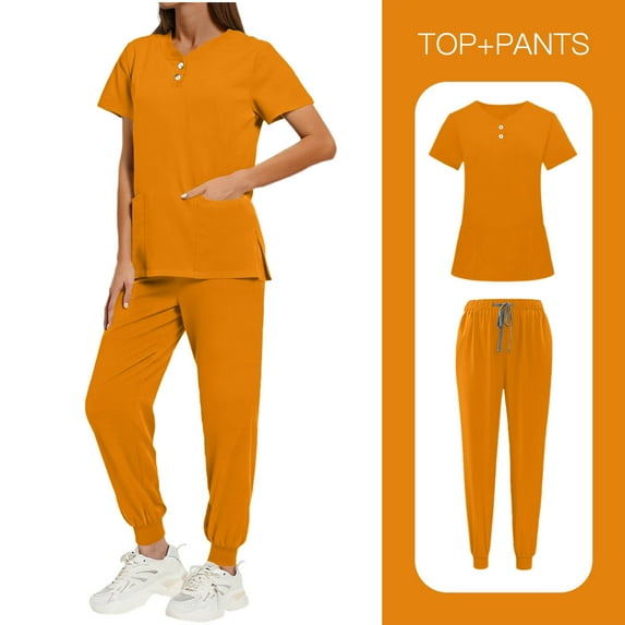 Stamozd Women's Solid Color Protective Work Clothes Loose Side Slit Pocket Protective Work Clothesshort Sleeved V-Neck Button Up Top Drawstring Tied Foot Pants Set Orange D XL
