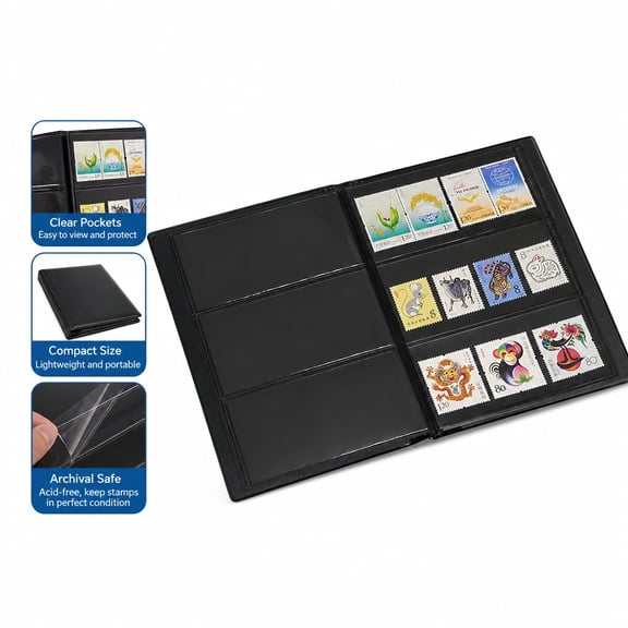 Stamp Collection Album, Compact Philatelic Book with Protective Sleeves, Black Stamp Storage Binder for Collectors