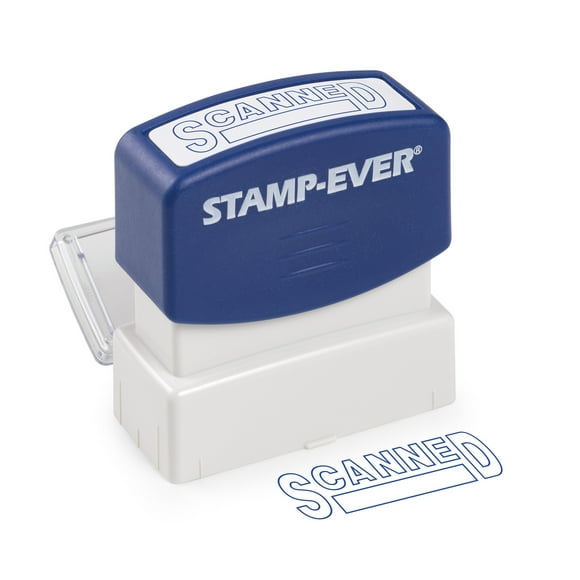 Stamp-Ever Pre-Inked Message Stamp – Scanned, Blue Ink – Impression Size: 9/16" x 1-11/16"