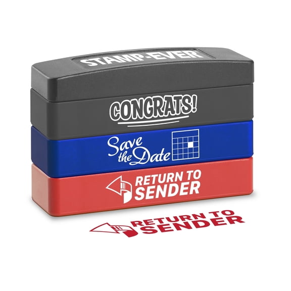 Stakz 3-in-1 Stackable Pre-inked Message Stamp - Congrats, Save the Date and Return to Sender messages Included - 3 ink colors