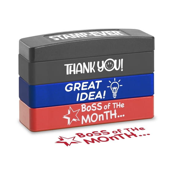 Stakz 3-in-1 Stackable Pre-inked Message Stamp - Thank You, Great Idea! and Boss of the Month messages Included - 3 ink colors