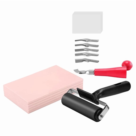 Stamp Making Kit for Beginners and Schools | 5 Pack 4 x 6 in Soft Linoleum Blocks with Carving Tool, Roller