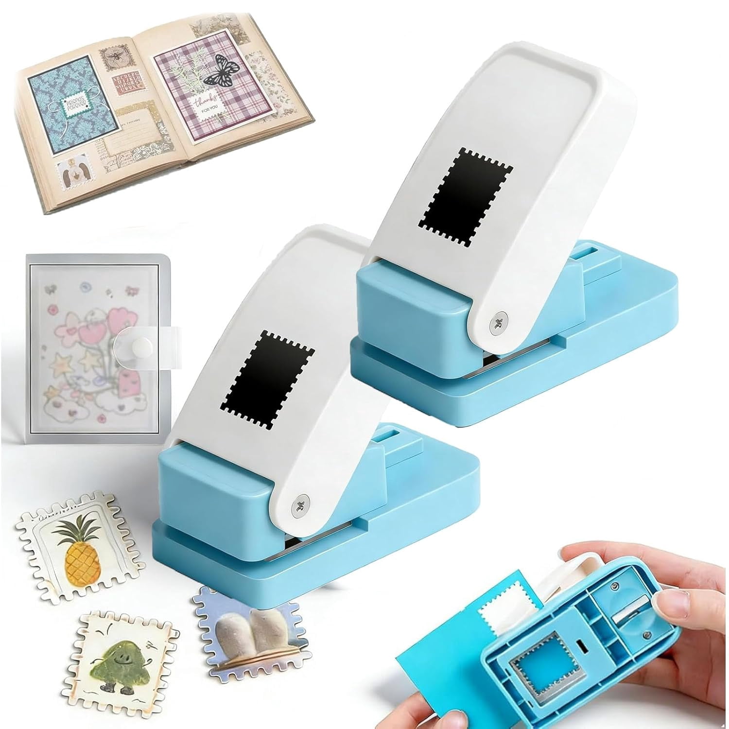 Stamp Puncher, 1.5x1.2 Inch Rectangular Postage Stamp Hole Punch, Lever Action Paper Stamps Cutter for Scrapbooking, Card Making, DIY Crafts Supplies,Photographic Paper (1.5 * 1.5"2pcs)