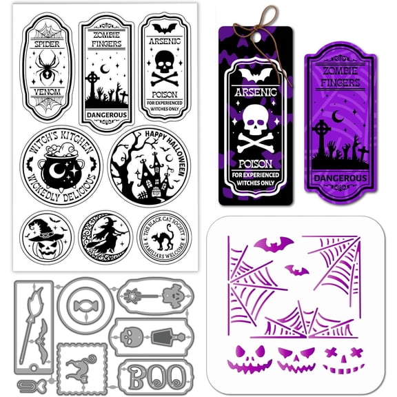 Stamp Tags Clear Stamps Cutting Dies PET Paint Stencils for Card Making Haunted House Pumpkin Silicone Stamp Metal Words Die Cuts PET Stencils for DIY Scrapbooking