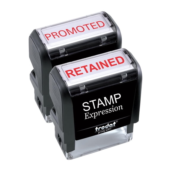 StampExpression - Promoted and Retained (Set of 2) Office Self Inking Rubber Stamp - Red Ink (A-5966)