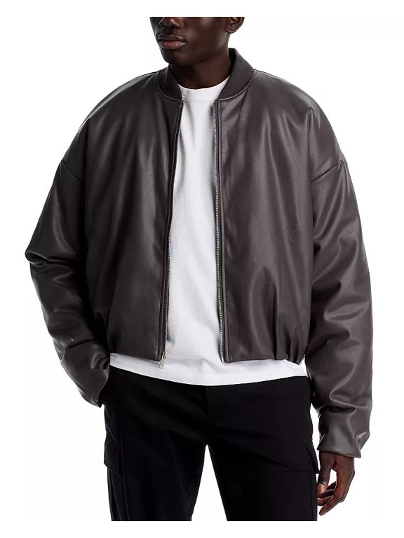 Faux Leather Oversized Cropped Bomber Jacket Men's L Charcoal Zip Closure