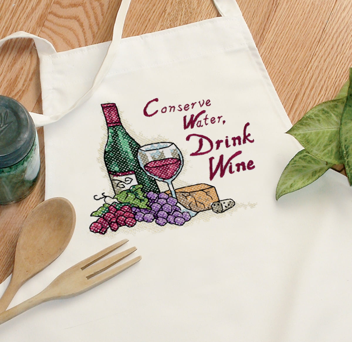 Stamped Cross Stitch Apron 33""X36""Drink Wine