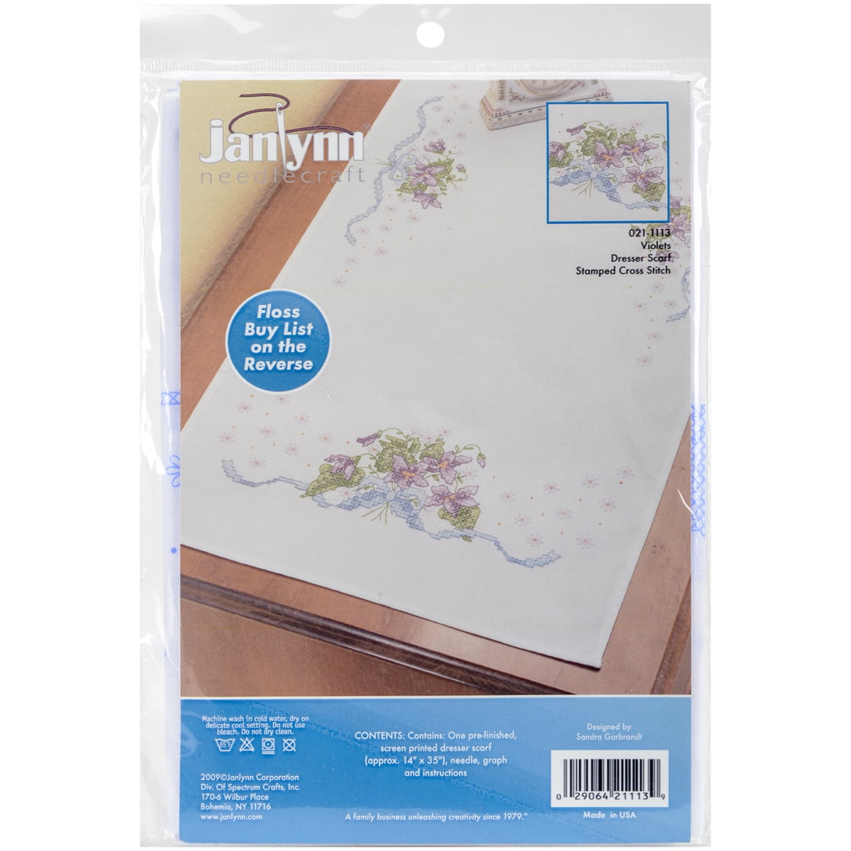 Stamped Cross Stitch Dresser Scarf 14"X35"Violets