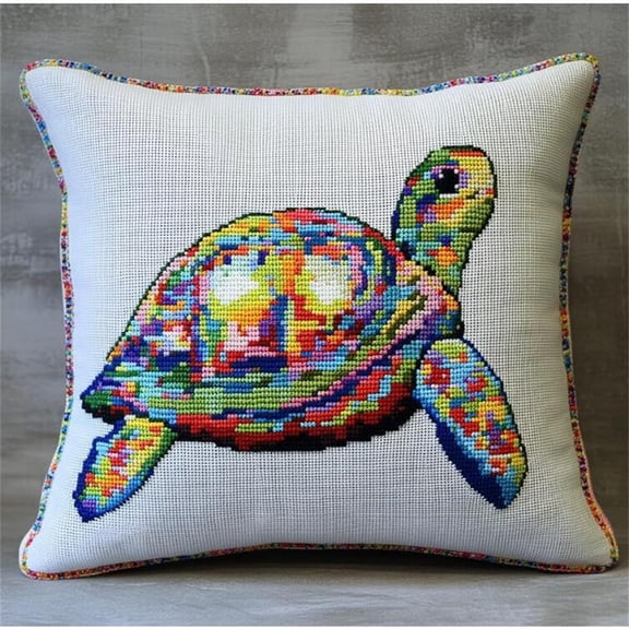 Stamped Cross-Stitch Kit Printed Canvas,Animal Turtle,Cross Stitch Cushion Kits Needlework Kit for Adult Beginners 11ct Decoration Embroidery Pillow Case 17x17in