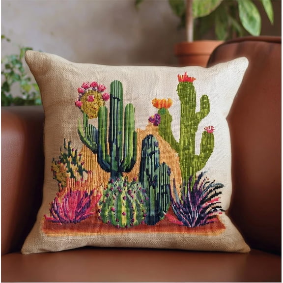 Stamped Cross-Stitch Kit W/Printed Tapestry Canvas Cactus 17.7X17.7In Stamped Cross-Stitch Cushion Embroidery Kits Set Beginners For Creative Home Dcor Needlework Kit For Adult Beginner