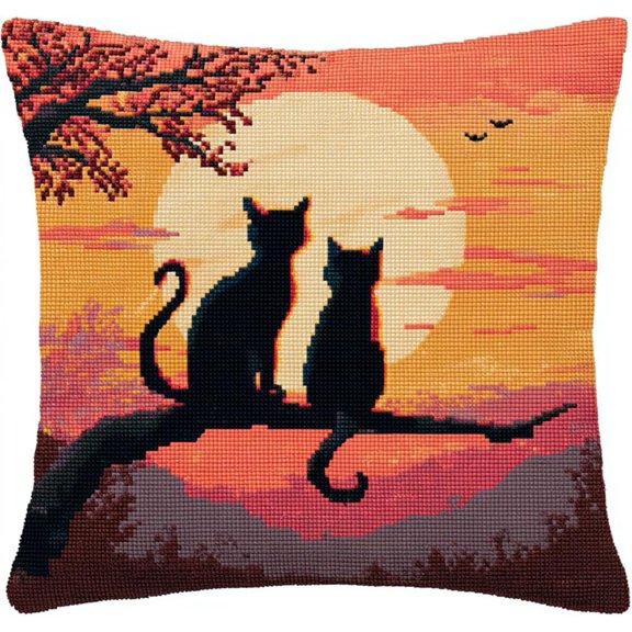 Stamped Cross-Stitch Kit W/Printed Tapestry Canvas  Cat In The Sunset 17.7X17.7In Stamped Cross-Stitch Cushion Embroidery Kits Set Beginners For Creative Home Dcor  Needlework Kit For Adu