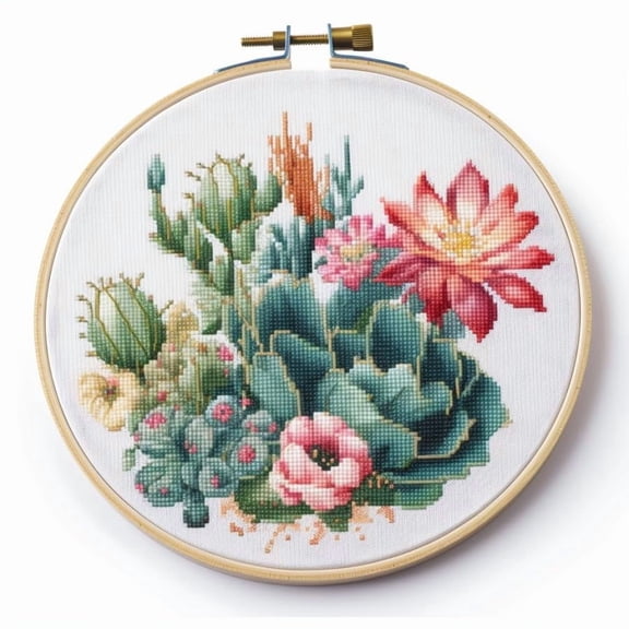 Stamped Cross Stitch Kits with Hoop for Starter Cactus Flowers Kits DIY 11CT Pre-printed Patterns Needlepoint Embroidery Needlework Kit for Home Decor 38x38cm (44)