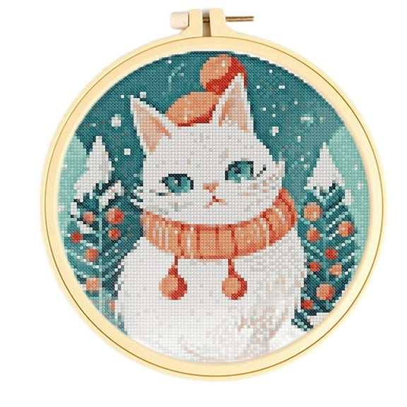 Stamped Cross Stitch Kits with Hoop for Starter Kits Cartoon Kitten DIY 11CT Pre-printed Patterns Needlepoint Embroidery Needlework Kit Set Supplies with Hoop 38x38cm