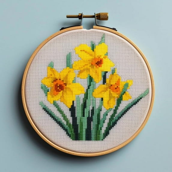 Stamped Cross Stitch Kits with Hoop for Starter Kits Daffodils DIY 11CT Pre-printed Patterns Needlepoint Embroidery Needlework Kit for Home Decor 38x38cm (93)
