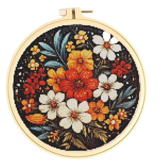 Stamped Cross Stitch Kits with Hoop for Starter Kits Flowers Bonquet DIY 11CT Pre-printed Patterns Needlepoint Embroidery Needlework Kit Set Supplies with Hoop 38x38cm