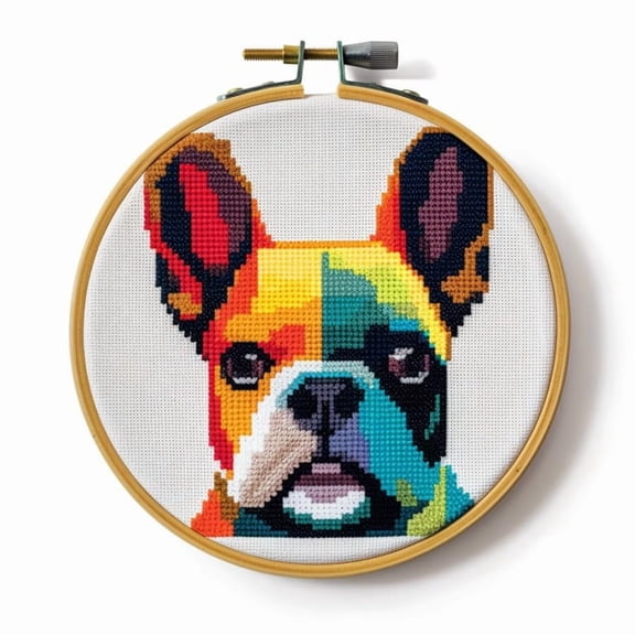 Stamped Cross Stitch Kits with Hoop for Starter Kits French Bulldog DIY 11CT Pre-printed Patterns Needlepoint Embroidery Needlework Kit for Home Decor 38x38cm (123)