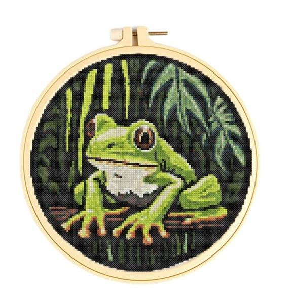 Stamped Cross Stitch Kits with Hoop for Starter Kits Frog in Water DIY 11CT Pre-printed Patterns Needlepoint Embroidery Needlework Kit Set Supplies with Hoop 38x38cm