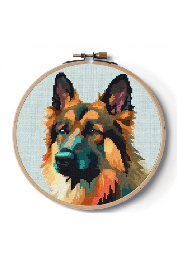 Stamped Cross Stitch Kits with Hoop for Starter Kits German Shepherd DIY 11CT Pre-printed Patterns Needlepoint Embroidery Needlework Kit for Home Decor 38x38cm (9)