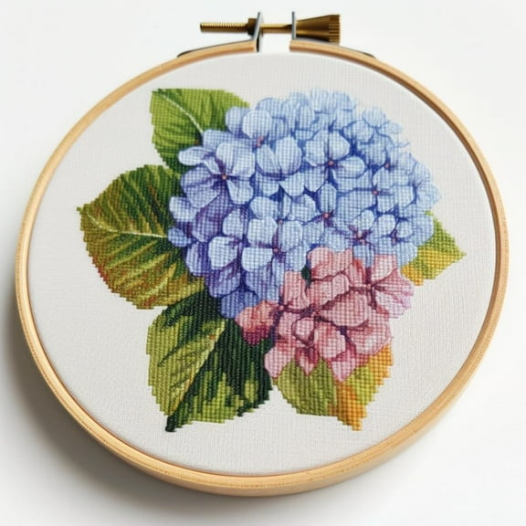 Stamped Cross Stitch Kits with Hoop for Starter Kits Hydrangea Flowers DIY 11CT Pre-printed Patterns Needlepoint Embroidery Needlework Kit for Home Decor 38x38cm (158)