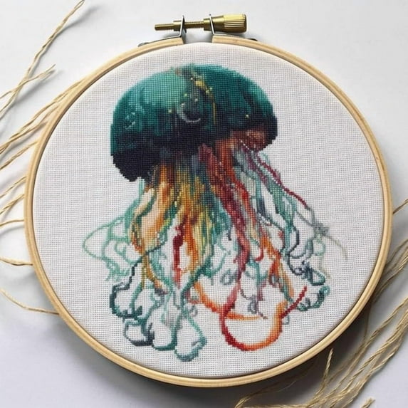 Stamped Cross Stitch Kits with Hoop for Starter Kits Jellyfish DIY 11CT Pre-printed Patterns Needlepoint Embroidery Needlework Kit for Home Decor 38x38cm (172)