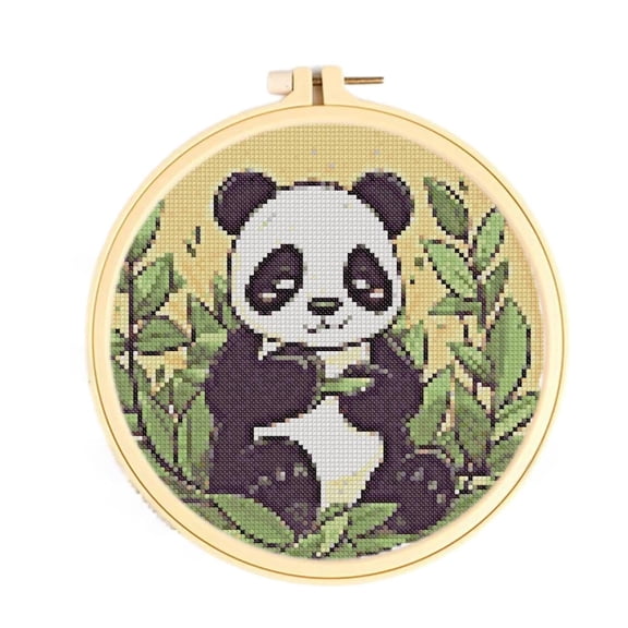 Stamped Cross Stitch Kits with Hoop for Starter Kits Panda & Bamboo DIY 11CT Pre-printed Patterns Needlepoint Embroidery Needlework Kit Set Supplies with Hoop 38x38cm