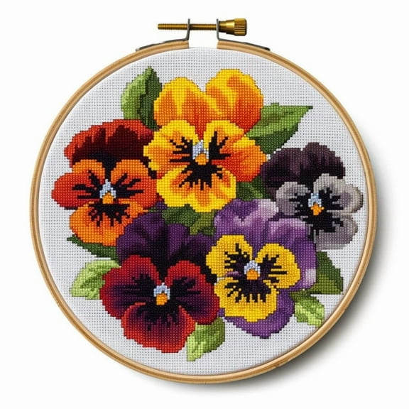 Stamped Cross Stitch Kits with Hoop for Starter Kits Pansy Flowers DIY 11CT Pre-printed Patterns Needlepoint Embroidery Needlework Kit for Home Decor 38x38cm (205)