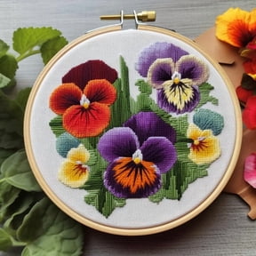 Stamped Cross Stitch Kits with Hoop for Starter Kits Pansy Flowers DIY 11CT Pre-printed Patterns Needlepoint Embroidery Needlework Kit for Home Decor 38x38cm (206)