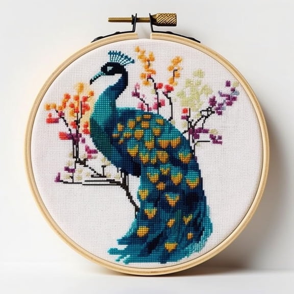 Stamped Cross Stitch Kits with Hoop for Starter Kits Peacock DIY 11CT Pre-printed Patterns Needlepoint Embroidery Needlework Kit for Home Decor 38x38cm (215)