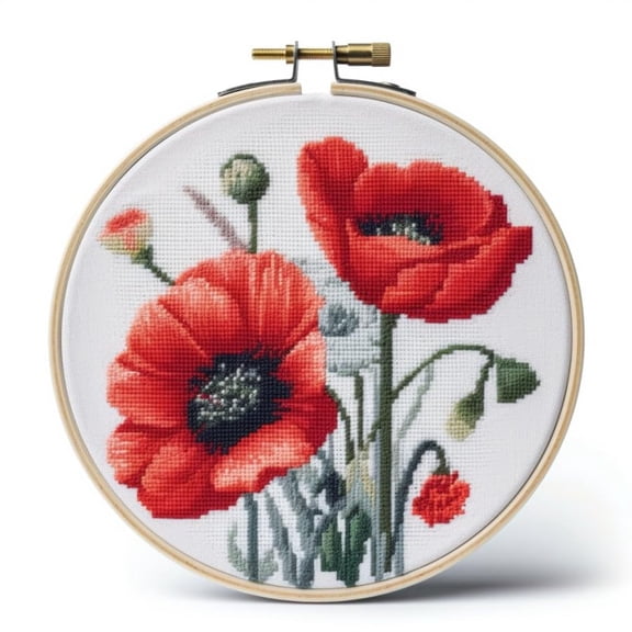 Stamped Cross Stitch Kits with Hoop for Starter Kits Poppies DIY 11CT Pre-printed Patterns Needlepoint Embroidery Needlework Kit for Home Decor 38x38cm (226)