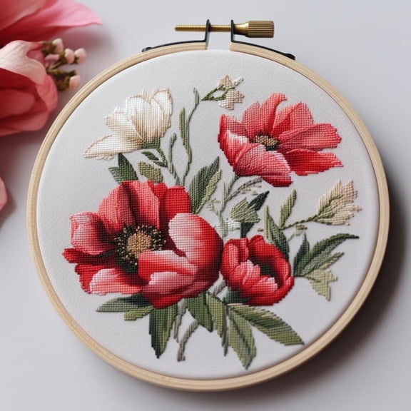 Stamped Cross Stitch Kits with Hoop for Starter Kits Poppies DIY 11CT Pre-printed Patterns Needlepoint Embroidery Needlework Kit for Home Decor 38x38cm (228)