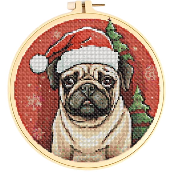 Stamped Cross Stitch Kits with Hoop for Starter Kits Pug in Christmas Hat DIY 11CT Pre-printed Patterns Needlepoint Embroidery Needlework Kit Set Supplies with Hoop 38x38cm