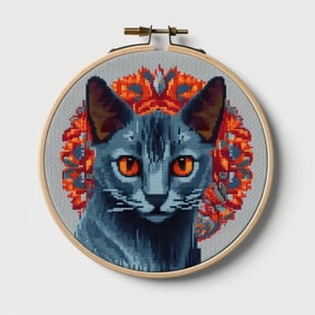 Stamped Cross Stitch Kits with Hoop for Starter Kits Russian Blue Cat DIY 11CT Pre-printed Patterns Needlepoint Embroidery Needlework Kit for Home Decor 38x38cm (237)