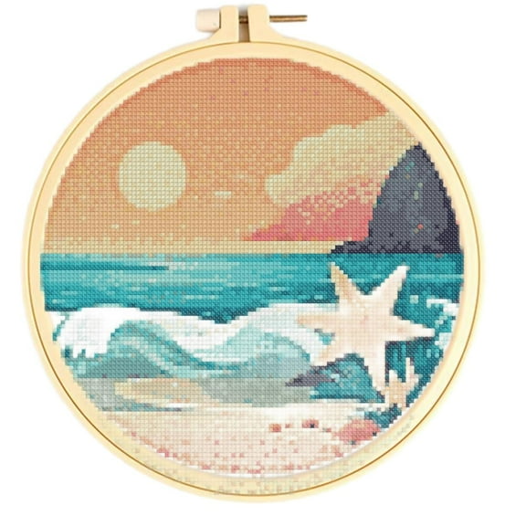 Stamped Cross Stitch Kits with Hoop for Starter Kits Seaside Beach Starfish DIY 11CT Pre-printed Patterns Needlepoint Embroidery Needlework Kit Set Supplies with Hoop 38x38cm