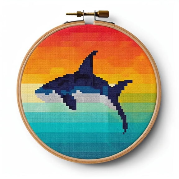 Stamped Cross Stitch Kits with Hoop for Starter Kits Shark DIY 11CT Pre-printed Patterns Needlepoint Embroidery Needlework Kit for Home Decor 38x38cm (321)