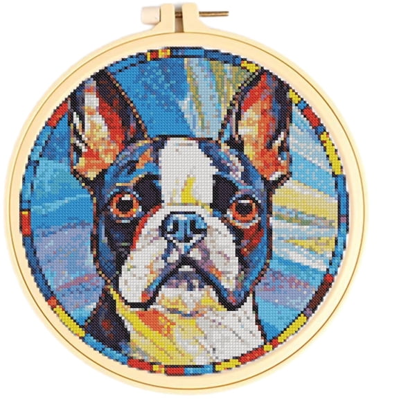 Stamped Cross Stitch Kits with Hoop for Starter Kits Stained Glass Boston Terrier DIY 11CT Pre-printed Patterns Needlepoint Embroidery Needlework Kit Set Supplies with Hoop 38x38cm