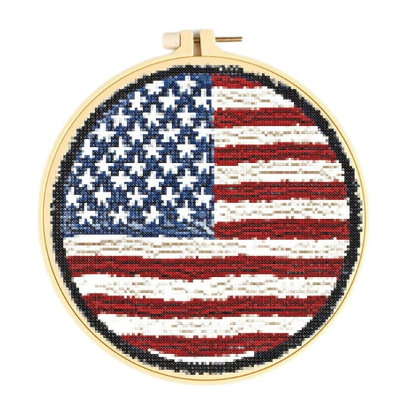 Stamped Cross Stitch Kits with Hoop for Starter Kits USA Flag DIY 11CT Pre-printed Patterns Needlepoint Embroidery Needlework Kit Set Supplies with Hoop 38x38cm