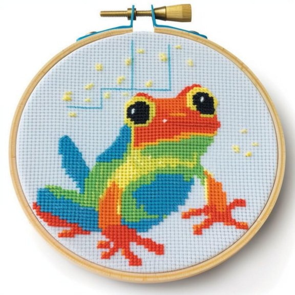 Stamped Cross Stitch Kits with Hoop for Starter Kits Vibrant Color Frog DIY 11CT Pre-printed Patterns Needlepoint Embroidery Needlework Kit for Home Decor 38x38cm (129)