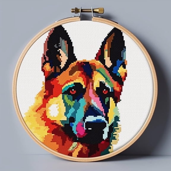 Stamped Cross Stitch Kits with Hoop for Starter Kits Vibrant Color German Shepherd DIY 11CT Pre-printed Patterns Needlepoint Embroidery Needlework Kit for Home Decor 38x38cm (132)