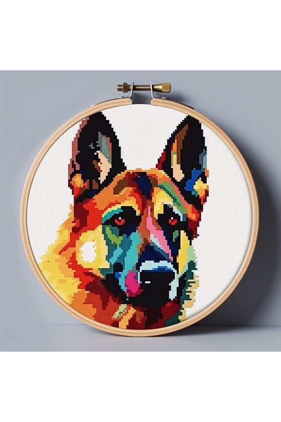 Stamped Cross Stitch Kits with Hoop for Starter Kits Vibrant Color German Shepherd DIY 11CT Pre-printed Patterns Needlepoint Embroidery Needlework Kit for Home Decor 38x38cm (132)