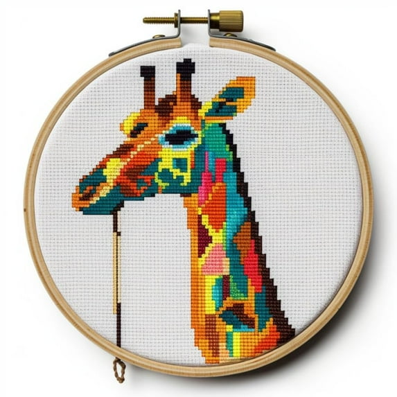 Stamped Cross Stitch Kits with Hoop for Starter Kits Vibrant Color Giraffe DIY 11CT Pre-printed Patterns Needlepoint Embroidery Needlework Kit for Home Decor 38x38cm (135)