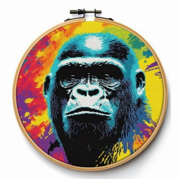 Stamped Cross Stitch Kits with Hoop for Starter Kits Vibrant Color Gorilla DIY 11CT Pre-printed Patterns Needlepoint Embroidery Needlework Kit for Home Decor 38x38cm (142)