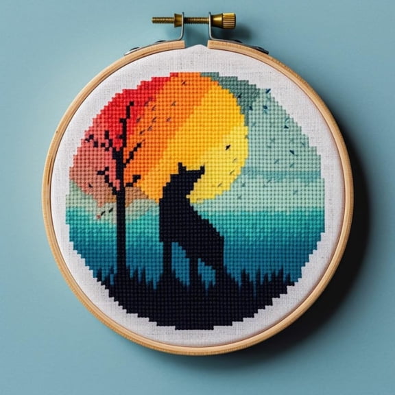 Stamped Cross Stitch Kits with Hoop for Starter Kits Wolf under Moon DIY 11CT Pre-printed Patterns Needlepoint Embroidery Needlework Kit for Home Decor 38x38cm (290)