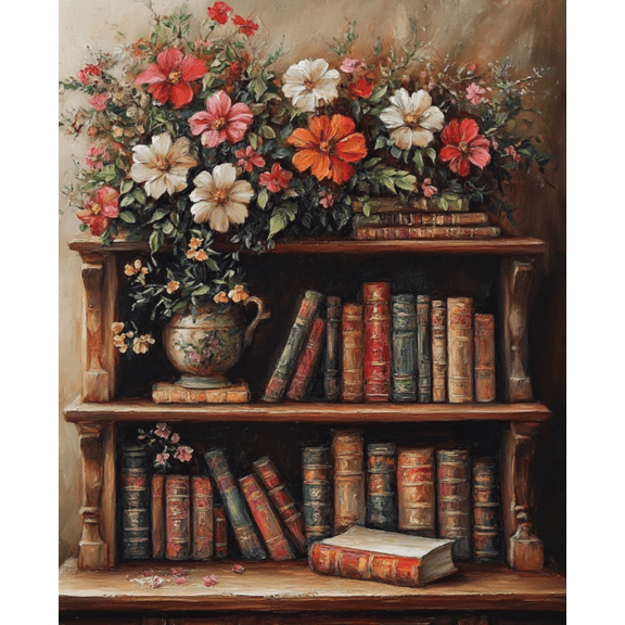 Stamped Crossstitching Kits Preprinted 11 Count Cross-Stitch Kit for Beginner,Fresh flowers on the bookshelf 11CT Prestamped Easy Pattern Needlepoint Kits Crafts for Decor 16x20inch