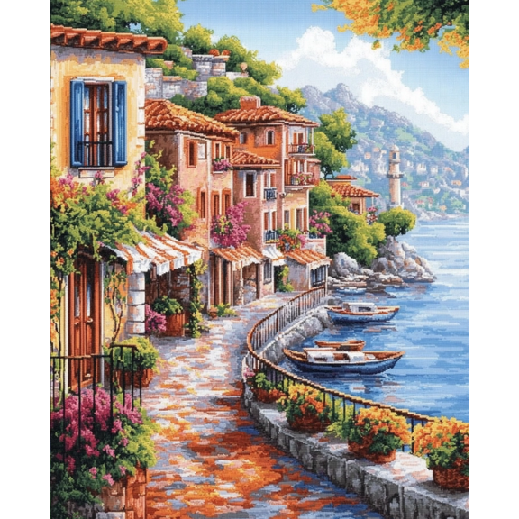 Stamped Crossstitching Kits Preprinted 11 Count Cross-Stitch Kit for Beginner,Small town scenery 11CT Prestamped Easy Pattern Needlepoint Kits Crafts for Decor 16x20inch