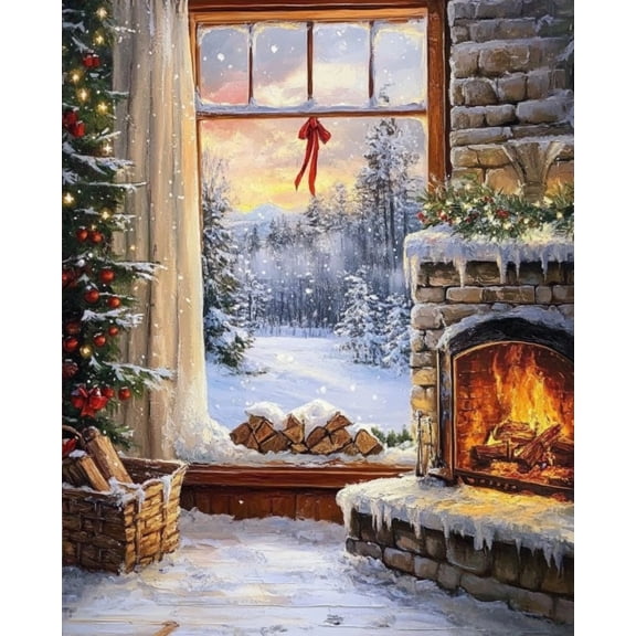 Stamped Crossstitching Kits Preprinted 11 Count Cross-Stitch Kit for Beginner,Snow scene outside the window 11CT Prestamped Easy Pattern Needlepoint Kits Crafts for Decor 16x20inch