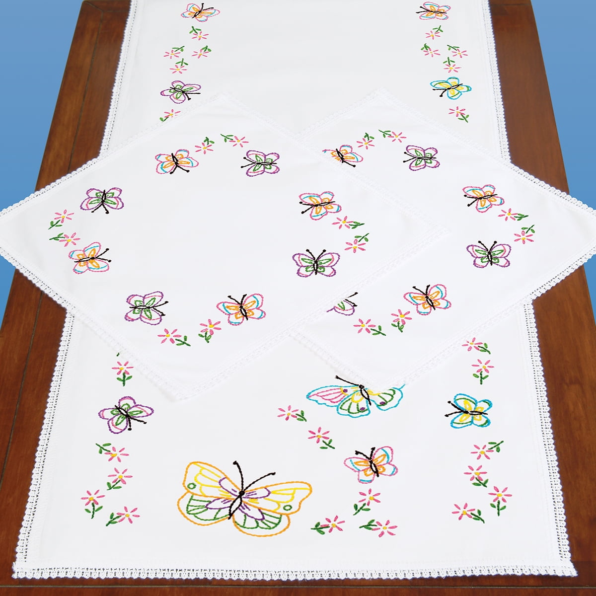 Stamped Dresser Scarf & Doilies Lace EdgeFluttering Butterflies, Pk 2