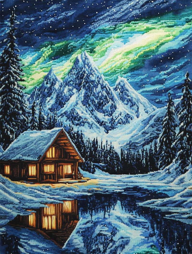 Stamped Embroidery Kit Winter cottage Cross Stitch Pattern Needlework Preprint 16x20in