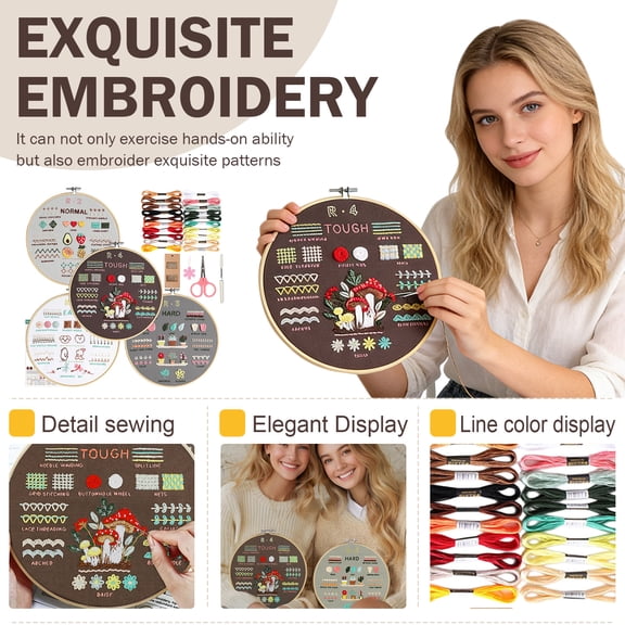 Stamped Embroidery Starter Kits for Beginners – DIY Handmade Needlepoint Kit with Hoop, Instructions, Threads, Crafts Gifts for Stitch Lovers（4 Pack）