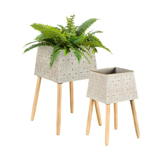 Stamped Metal Geometric Planter with Wooden Legs, Set of 2